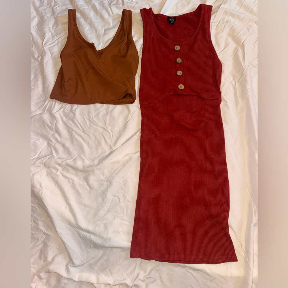 Rue21 Red/Orange Sleeveless Dress and Brown Crop Top - Fall Set - Size Medium